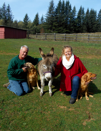 Art and Teresa with Pollywog, Guppy, and Elvis the Donkey